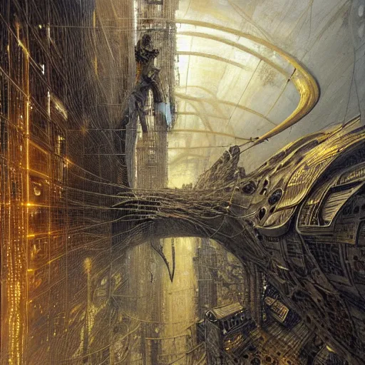 Prompt: cyberpunk harpooner, atmospheric lighting, painted, intricate, golden and grey hour, ultra detailed by peter gric, giger, enki bilal