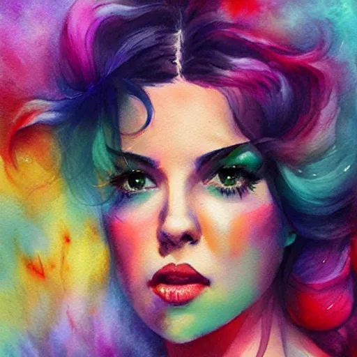 Prompt: marina diamandis, trending on arstation, by vanessa lemena dn charlie bowater, colorful pastels watercolor artwork painting