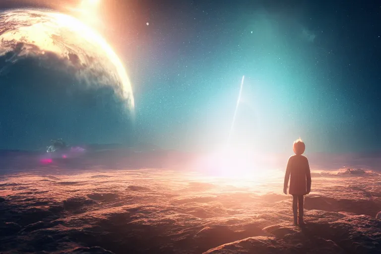 Image similar to tiny homunculus standing alone in cosmic dream landscape, cinematic, octane render, hyper detailed, lens flare, 4 k