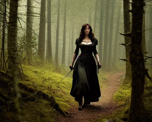 Prompt: 5 5 mm portrait photo of olga kurylenko as real life tough looking yennefer of vengerberg in black leader armor, in a forest. magical atmosphere. art by greg rutkowski. highly detailed 8 k. intricate. lifelike. soft light. nikon d 8 5 0.