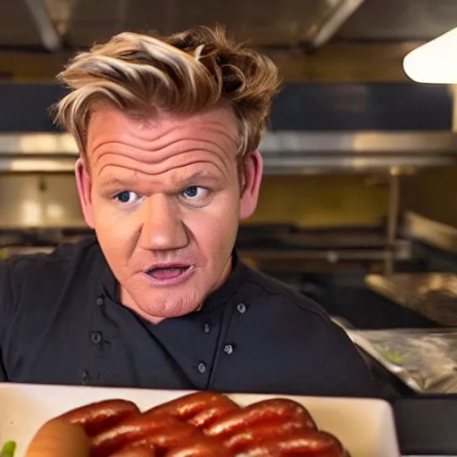 Prompt: a film still of gordon ramsay selling hotdogs in a new movie, 4 k