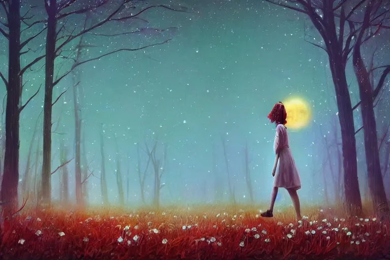 Prompt: giant daisy flower head, girl walking in forest, surreal photography, dark night, stars, moon light, impressionist painting, clouds, digital painting, artstation, simon stalenhag