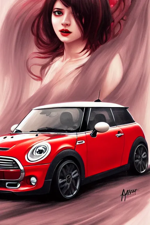 Image similar to Red Mini Cooper car , highly detailed, digital painting, artstation, concept art, smooth, sharp focus, illustration, art by artgerm and alphonse mucha, high definition digital art, in the style of Ross tran and ilya kuvshinov