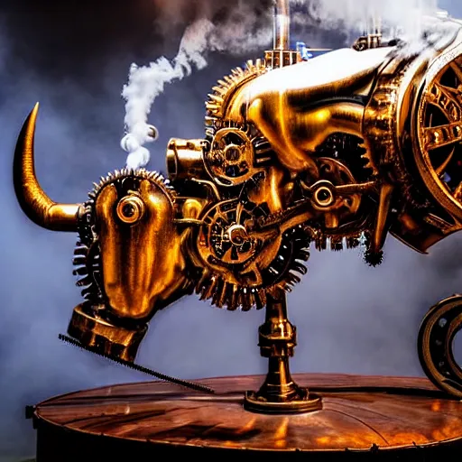 Image similar to a clockwork mechanical bull there are gears sticking out of the mechanical bull steam emanates from the robotic bull and thick clouds of steam swirl around the clockwork bull, ultra high detail, high particle effects, highly reflective surface, realistic reflections