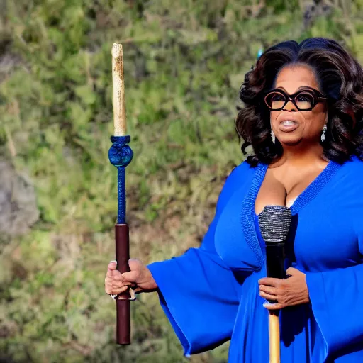 Image similar to Oprah as a wizard wearing blue robes, a blue pointed wizard hat and holding a magic staff, highly detailed, high quality, HD, 4k, 8k, Canon 300mm, professional photographer, 40mp, lifelike, top-rated, award winning, realistic, sharp, no blur, edited, corrected, trending