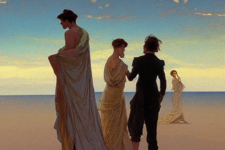 Prompt: a matte painting of a man watching the sunset wife his girlfriend by the beach, by greg rutkowski, by alphonse mucha, muted colors