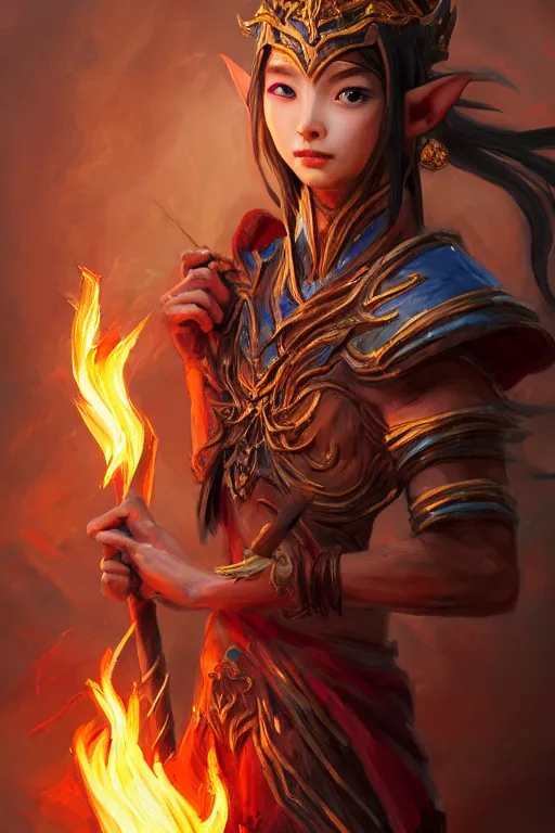 Prompt: a masterpiece portrait of nezha, young elf prince holding spear, flame everywhere, epic pose, fantasy character portrait, closeup shot, hyper detailed, digital painting, 8 k realistic, trending on artstation, sharp focus, dof, by fenghua zhong, artgerm, ne zha from smite, jeff easley, raymond swanland