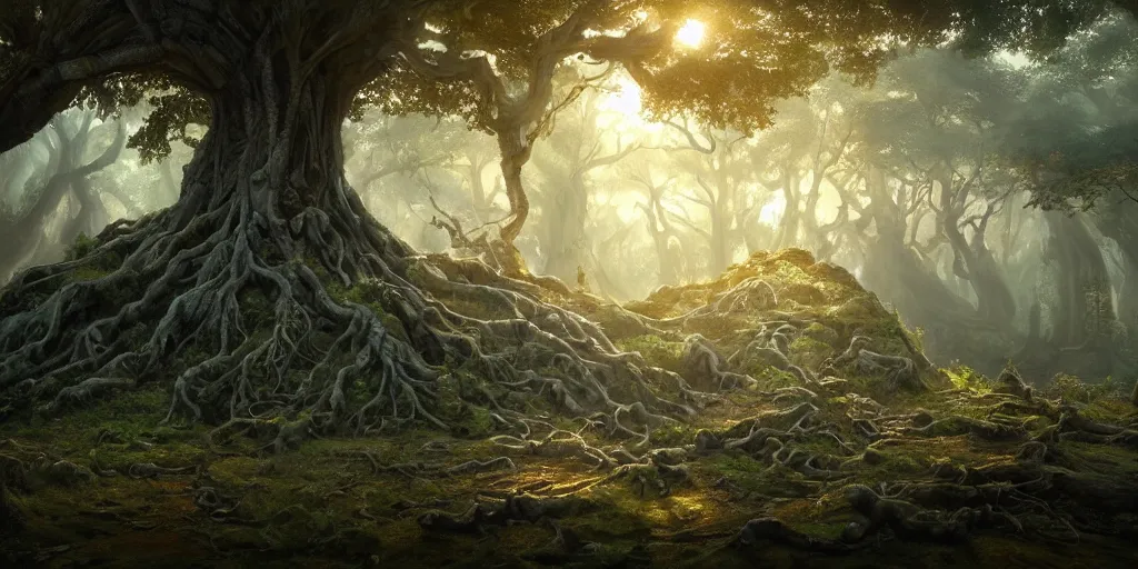 Prompt: temple built into the gnarled roots of an enormous oak tree, idyllic forest scape by jordan grimmer and rebecca guay, crepuscular rays, vibrant, wide angle, epic, vast, trending on artstation, cgsociety, intricate, atmospheric lighting, unreal engine, 8 k resolution, ultrafine detail, octane render