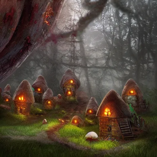 Prompt: a fairy mushroom house village, misty forest, fantasy, arnold render, trending on artstation, cgsociety