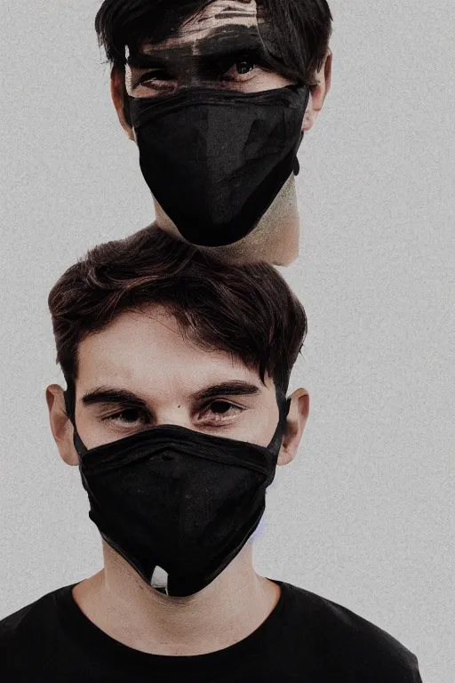 Image similar to rgb glitched face of young man wearing black mask