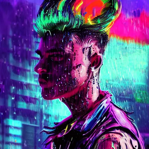 Image similar to splashes of neon, mowhawk, punk portrait made out of paint with rain in the background, trending on artstation, epic composition, emotional, beautiful, rendered in octane, highly detailed, realistic, tim burton comic book art, sharp focus, matte painting