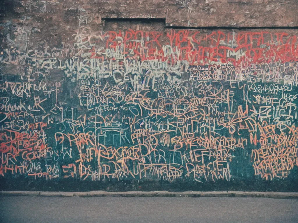 Prompt: “35mm film photography of Berlin Wall, various subjects, cinestill 800t, grain”