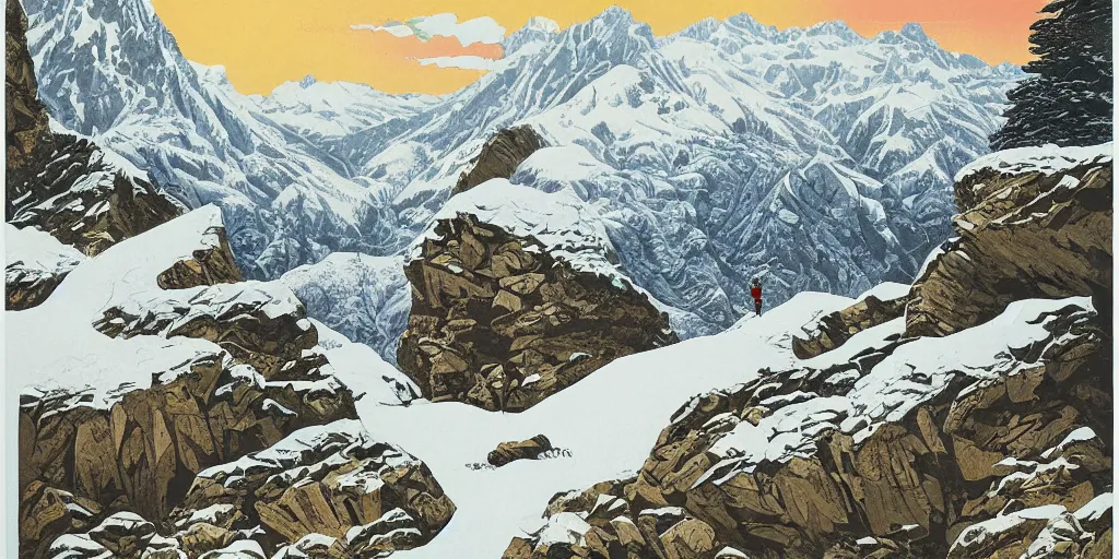 Image similar to beautiful idyllic poster illustration for a craggy barren icy snow valley national park by ludwig hohlwein