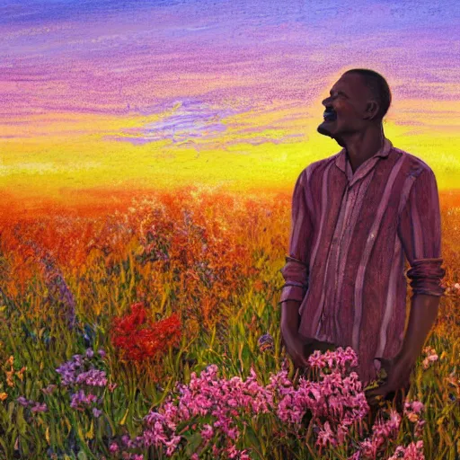 Image similar to an east african man in a vast field of flowers, looking off into the sunset, relaxing, wide shot, golden hour, vintage, impressionist painting, fine art, oil painting, dreamy, pastel, laughing, happy, intricate details, sharp, peaceful, serene