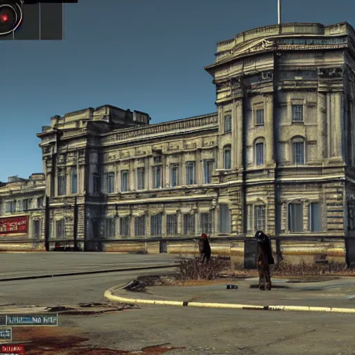 Prompt: buckingham palace in ruins post - nuclear war in fallout 4, in game screenshot