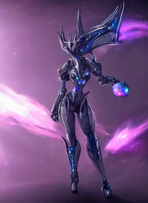 Image similar to cinematic shot, detailed cosmic sized perfectly proportioned stunning beautiful hot female warframe, anthropomorphic robot mecha female dragon, silver, fuschia leds, floating in empty space, nebula sized, holding a galaxy, epic proportions, epic size, epic scale, furry art, dragon art, giantess art, warframe fanart, furaffinity, deviantart