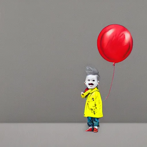 Image similar to surrealism grunge cartoon portrait sketch of a little boy with a wide smile wearing a yellow raincoat with a red balloon by - michael karcz, loony toons style, pennywise style, horror theme, detailed, elegant, intricate