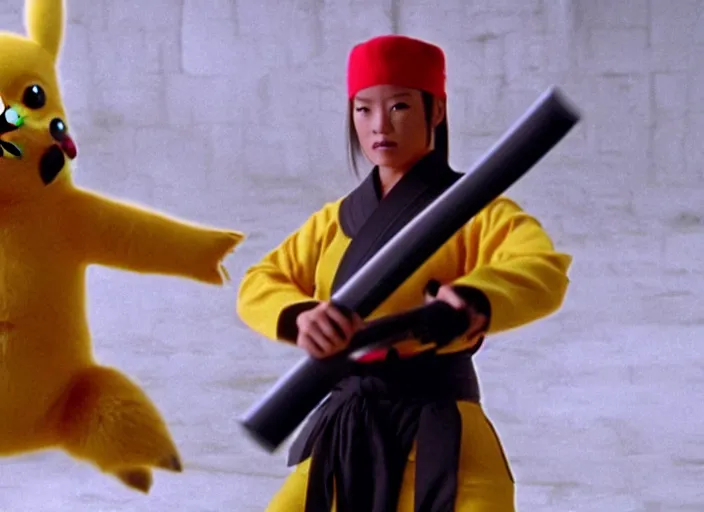 Image similar to film still pikachu with katana in dojo in kill bill film by tarantino, 8 k