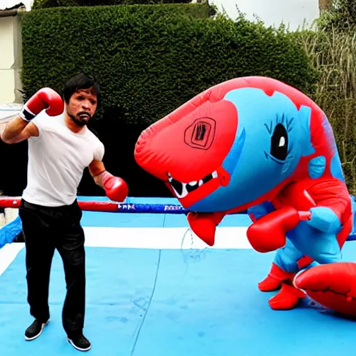 Image similar to manny pacquiao boxing an inflatable dinosaur