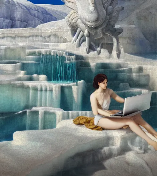 Image similar to close-up of a dragon hacking laptop on Pamukkale, thermal waters flowing down white travertine terraces, intricate, elegant, luxurious, digital painting, concept art, smooth, sharp focus, from Star Trek 2021, illustration, by WLOP and Ruan Jia and Mandy Jurgens and William-Adolphe Bouguereau, Artgerm