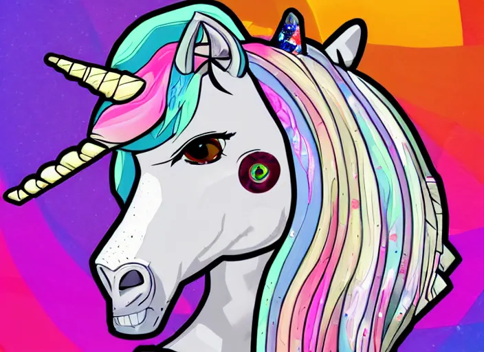 Image similar to a unicorn made out of diamonds in the style of Borderlands. Cel-shading, colorful, detailed