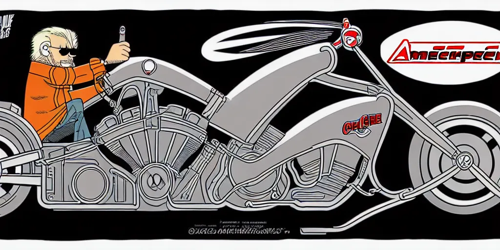 Image similar to american chopper, cartoon, moebius style, detailed