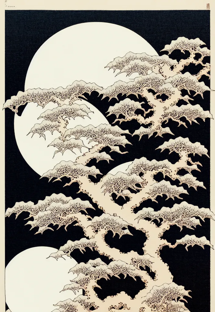 Prompt: prompt: white Bonsai tree holding and merging into big moon drawn by Takato Yamamoto, Japanese woodblock print style of Hokusai, white moon and black background, clean ink detailed line drawing, intricate detail, manga 1990