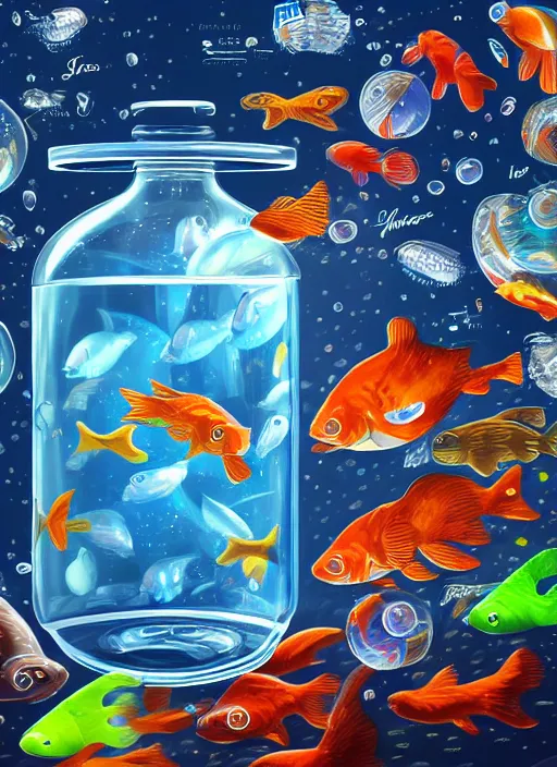 Image similar to the space closed in a bottle of water filled with fishes, trending on art station, very detailed, detailed background