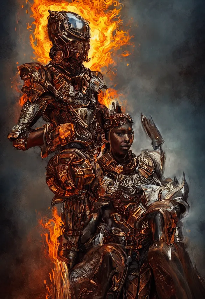 Image similar to a portrait of a wakandan warrior in a steampunk style armor as a demon in a fiery hell, eerie, dark, fantasy, trending on ar, digital art.