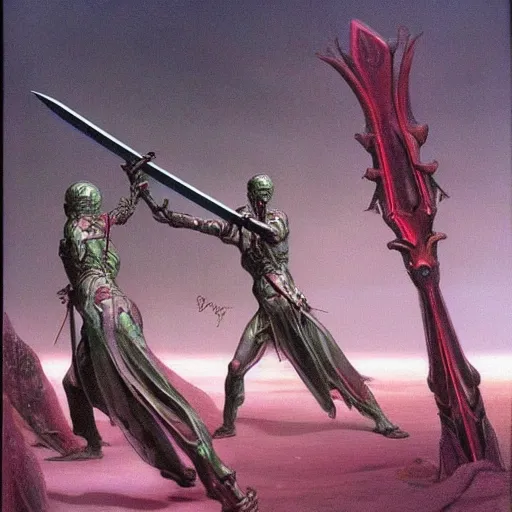 Image similar to fantasy sword concepts, painting by Wayne Douglas Barlowe ,