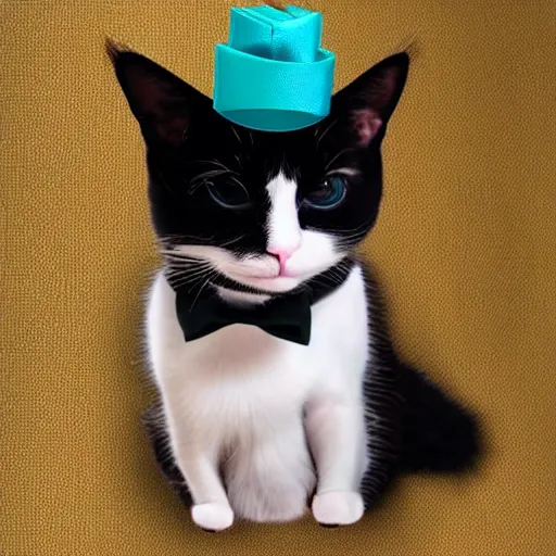 Image similar to A cat wearing a hat and has a miniature bow tie, hyper realistic, HD, HQ, photo realistic