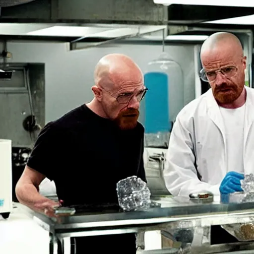 Prompt: walter white and jesse pinkman in gus frings underground laboratory making crystal covered donuts