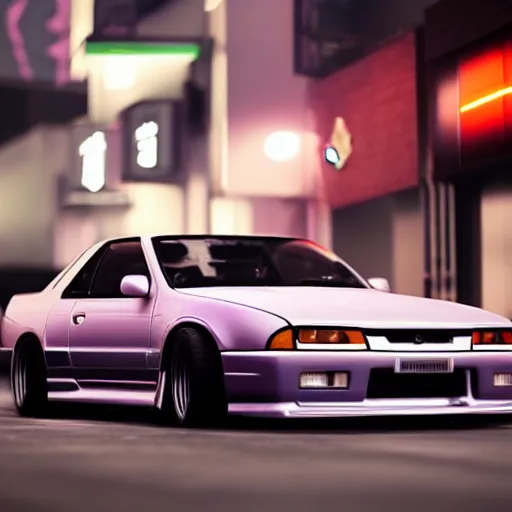 Image similar to a nissan skyline r 3 2 drifting in the japanese streets at night, 3 d render, realism, octane render, synthwave, highly detailed