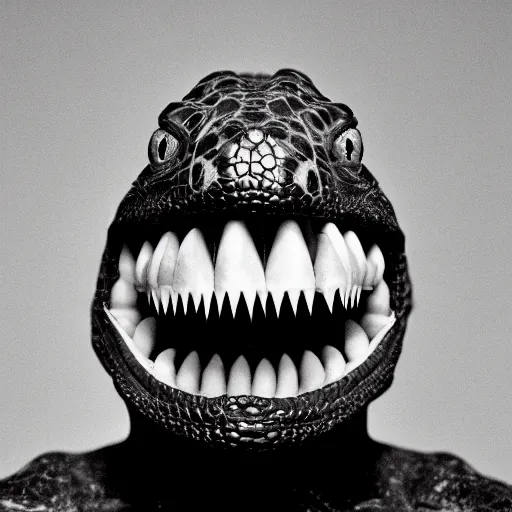 Prompt: studio portrait photograph of a reptilian humanoid with a long snout and sharp teeth