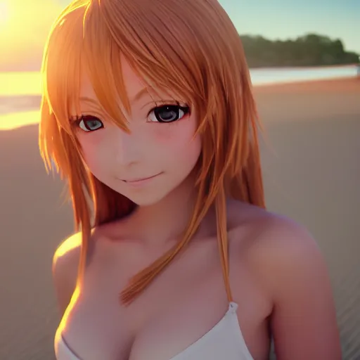 Prompt: a very beautiful 3d anime girl on the beach looking at the sun, unreal engine 5 4k render, hazler eyes, cute smile, trending on artstation, medium shot, long blonde hair