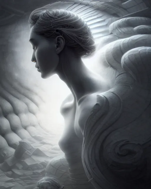 Image similar to dreamy, monochrome, subsurface scattering, white, cyborg goddess in cosmos, black and white, octane render, tomasz alen kopera, jesper ejsing, cgsociety, fenghua zhong, makoto shinkai, james jean, justin gerard, highly detailed, rim light, art, cinematic lighting, very coherent, hyper realism, 8 k