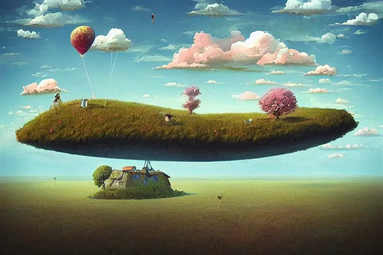 Image similar to surreal glimpse into other universe, floating island in the sky, summer morning, very coherent and colorful high contrast, art by!!!! gediminas pranckevicius!!!!, geof darrow, dark shadows, hard lighting