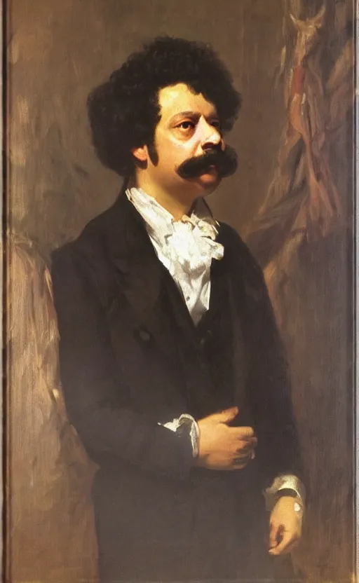 Image similar to Portrait of Alexandre Dumas, oil on canvas, highly detailed, high contrast, by Franz Xaver Winterhalter, Henry Ossawa Tanner, Anthony van Dyck, 8k