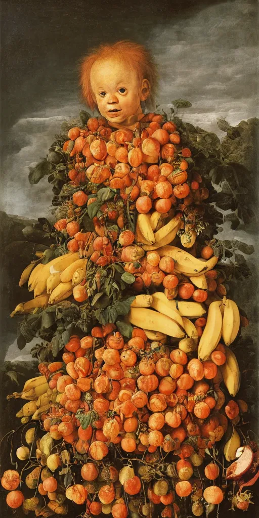 Image similar to a boy sitting in a tub full of tomato sauce, the moon is made by bananas, by giuseppe arcimboldo, renaissance, portrait, fruit, detailed oil paint, high definition