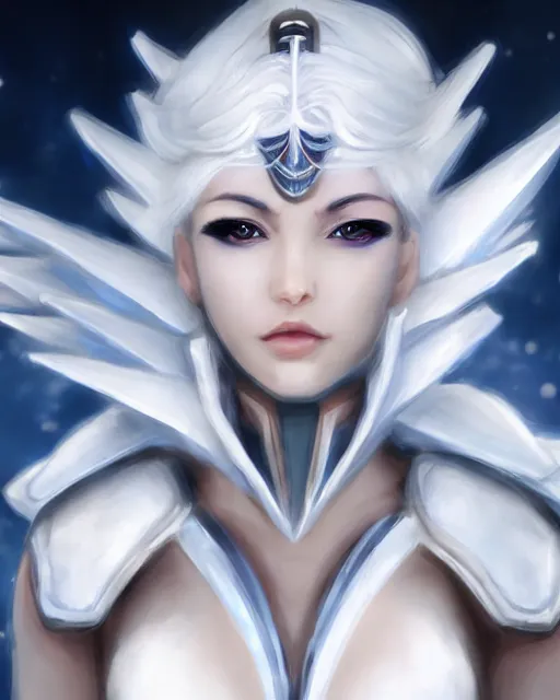 Image similar to perfect white haired attractive egyptian goddess with huge white dove wings, warframe armor, beautiful, symmetric, dreamy, half asian, pretty face, blue eyes, detailed, scifi platform, laboratory, experiment, 4 k, ultra realistic, epic lighting, android body, illuminated, cinematic, masterpiece, art by akihito tsukushi, voidstar