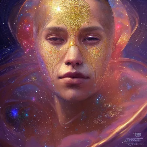 Image similar to portrait of a cosmic god, body made out of stars and galaxies and cosmic energy, intricate, headshot, highly detailed, digital painting, artstation, concept art, sharp focus, cinematic lighting, illustration, art by artgerm and greg rutkowski, alphonse mucha, cgsociety