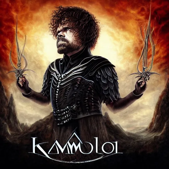 Prompt: kamelot album cover featuring photo of peter dinklage, power metal album cover, trending on artstation, intricately detailed, highly detailed, classic, award winning
