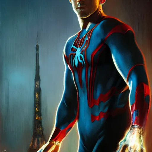 Image similar to ryan reynolds as spider - man, wearing a black and blue suit, cinematic, volumetric lighting, f 8 aperture, cinematic eastman 5 3 8 4 film, photorealistic by greg rutkowski, by stanley artgerm, by alphonse mucha