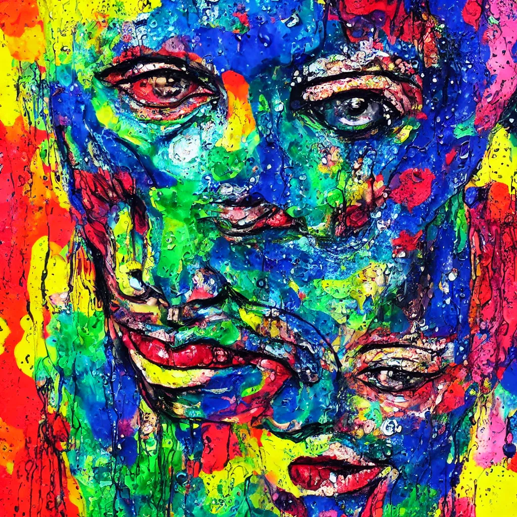 Image similar to intricate face with paint drips of paint melting in to a colorful painting made of gouache impasto