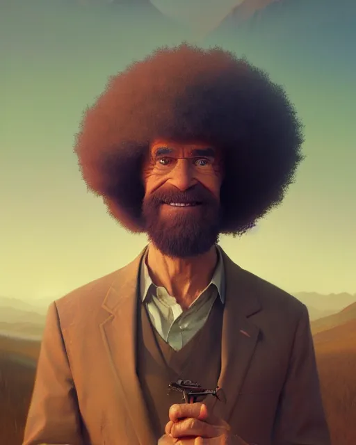 Image similar to highly detailed surreal vfx portrait of a sacred bob ross, stephen bliss, unreal engine, greg rutkowski, loish, rhads, beeple, makoto shinkai and lois van baarle, ilya kuvshinov, rossdraws, tom bagshaw, alphonse mucha, global illumination, detailed and intricate environment