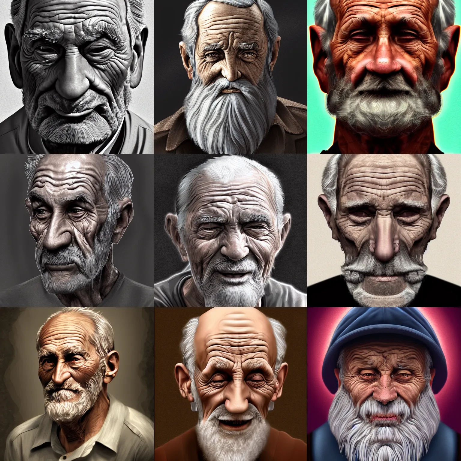 Prompt: Wrinkly old man, mighty looking, digital painting, lots of details, 4k