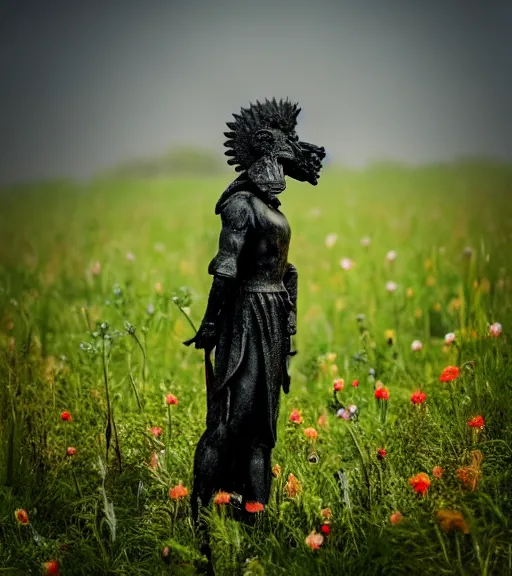 Prompt: mystical black death god figure standing in tall meadow of flowers, dslr photo, grainy, high detail, high resolution