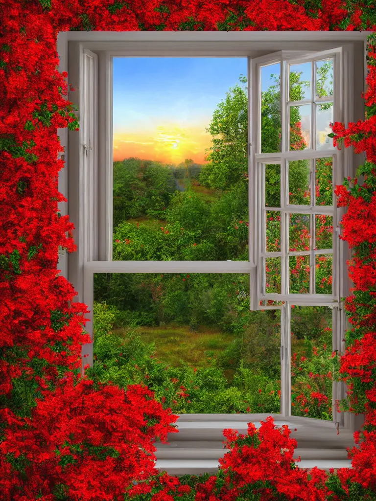 Image similar to a interior photo of a vintage house single window with view to the sunrise near some red flowers, hyperrealistic, digital painting, masterpiece, high quality, highly detailed, high coherence, path traced, serene landscape, beautiful, elegant, bloom, godrays, complementary colors, natural lighting, symmetrical, low contrast, geometrically correct