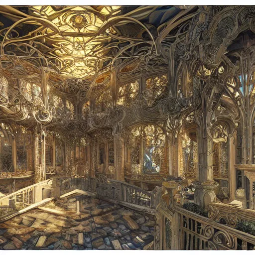 Image similar to art panoramic mansion art nouveau intricate details digital art ornate cryengine render by moebius, m. c. escher, syd mead, antoni gaudi, tomasz alen kopera, andreas franke, victo ngai, benoit mandelbrot