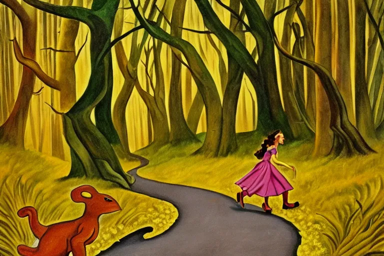 Prompt: a stunning wpa style painting of dorothy walking down the yellow brick road through a creepy forest with her friends, award winning art, banana slug.